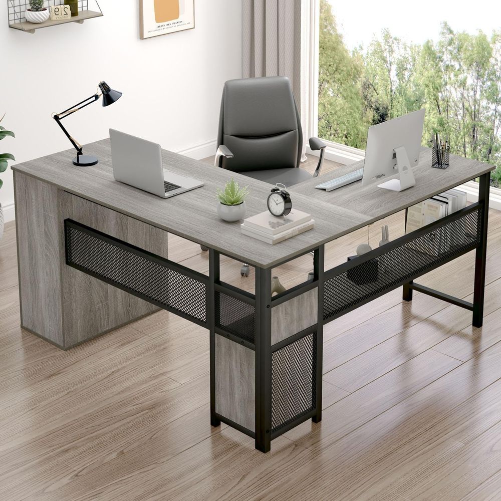 Home Office L Shaped Desk - Gray L-Shaped Computer Desk with Drawers
