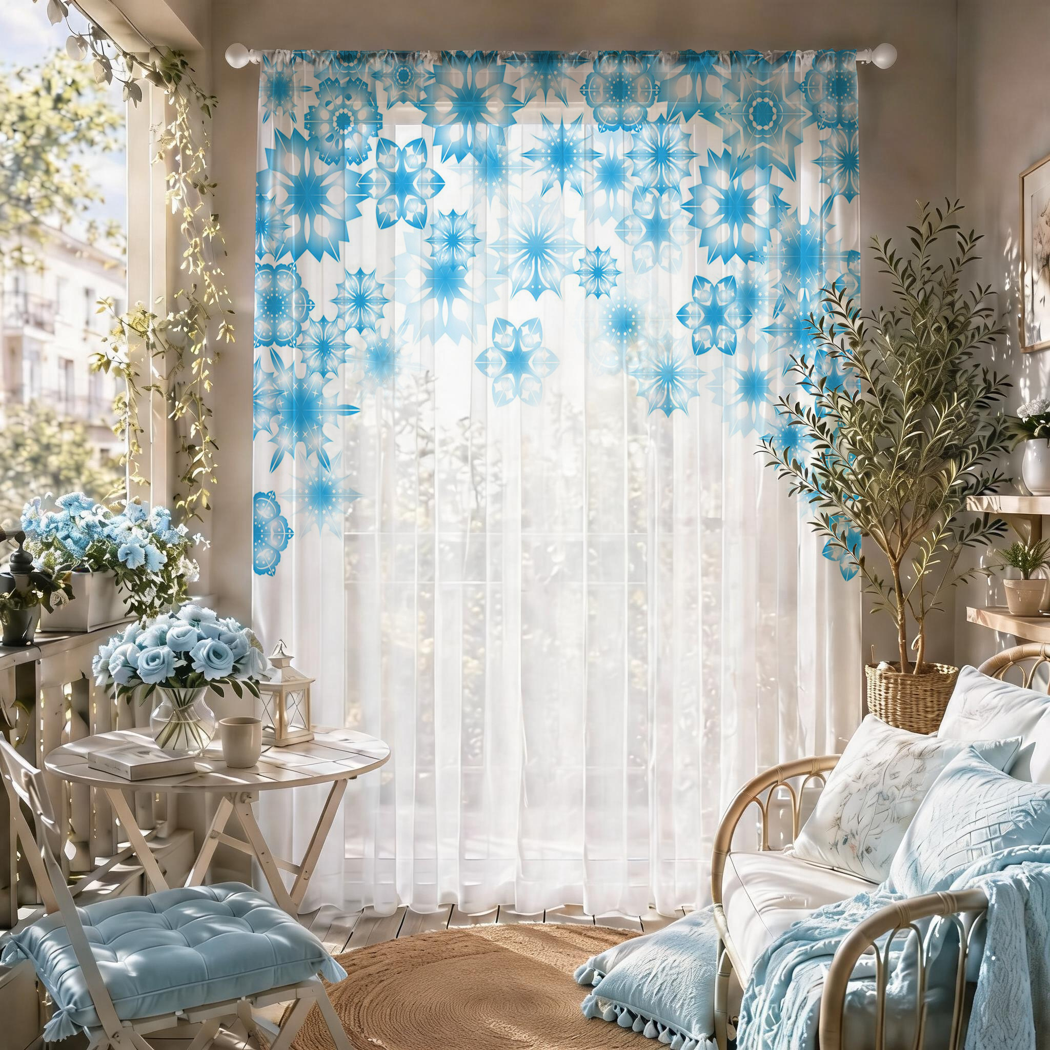 Home Office With Plants - Blue Star Modern Gradient Sheer Curtain,