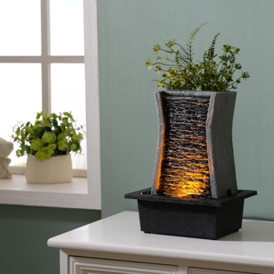 Home Office With Plants - Tabletop Water Fountain with LED Lights