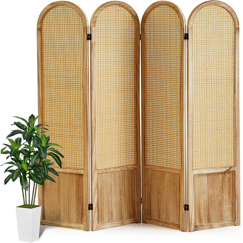 Home Office Or - 4-Panel Wooden Privacy Screen, Rattan Style,