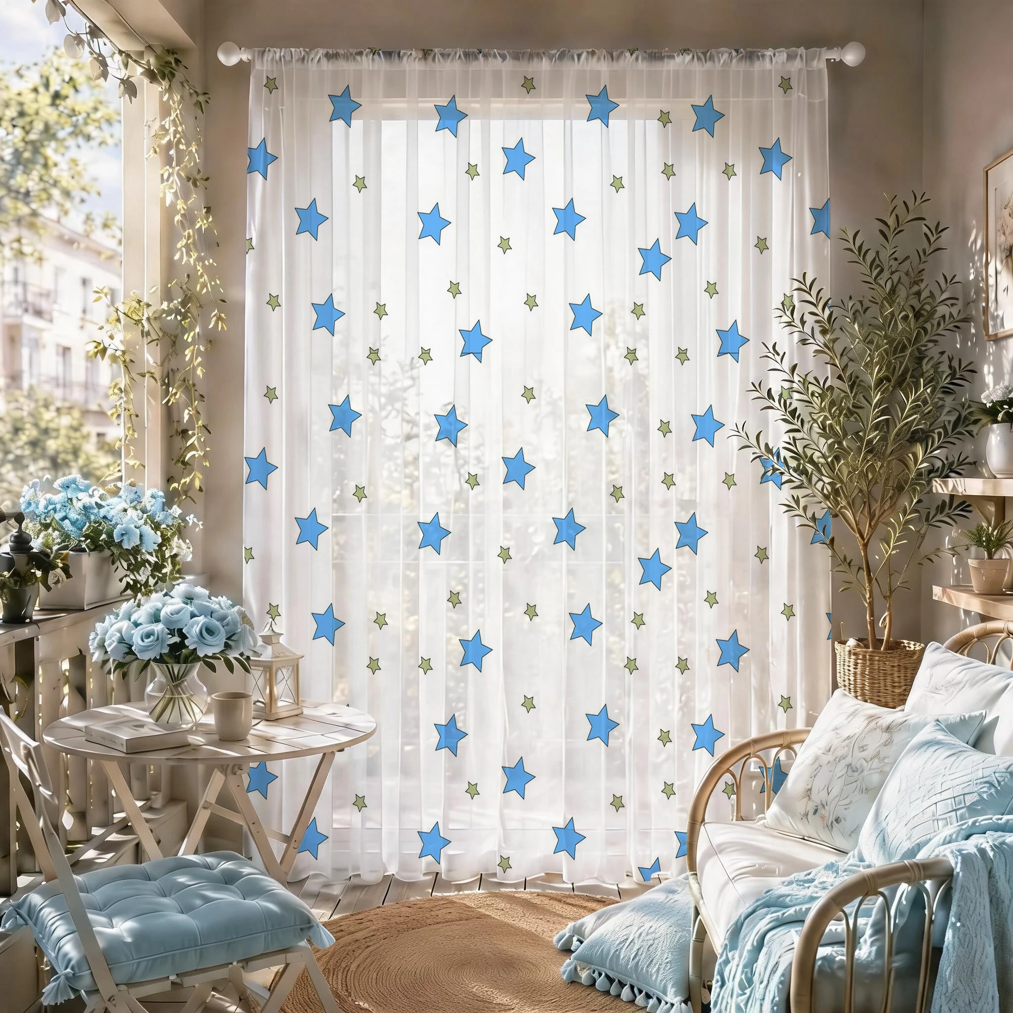 Home Office With Plants - Blue Star Modern Gradient Sheer Curtain,